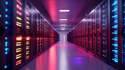 A futuristic server room bathed in vibrant colored lights.  A long hallway filled with rows of server racks