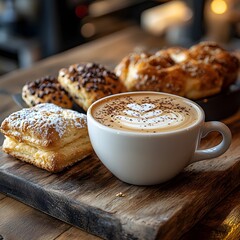 a cup of coffee and some pastries on a wooden boar