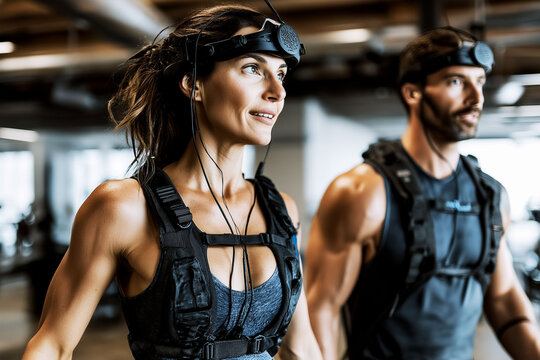 Biohacking technology longevity. Virtual reality fitness with longevity metrics for health enthusiasts.