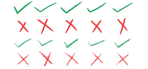 Check marks doodle set. Vote, yes, no, checkbox, checklist, tick mark in green and cross mark in red signs, v and x drawn concept. Hand drawn doodle sketch style vector illustration, brush drawing.