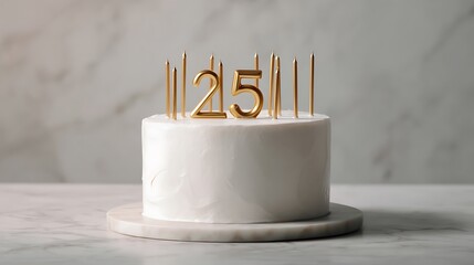 Elegant White Cake with Gold Number 25 Candles A Perfect 25th Anniversary or Birthday Celebration