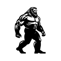 Fototapeta premium Strong Bigfoot Mascot in Bold Silhouette, Muscular Bigfoot or Sasquatch character in dynamic black-and-white vector style, ideal for logos, mascots, or sports branding.
