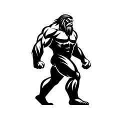 Strong Bigfoot Mascot in Bold Silhouette, Muscular Bigfoot or Sasquatch character in dynamic black-and-white vector style, ideal for logos, mascots, or sports branding.

