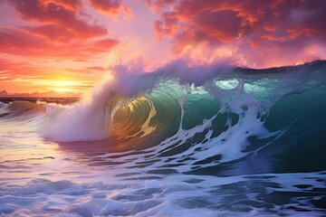 Captivating ocean waves crashing at sunset with vibrant colors filling the sky