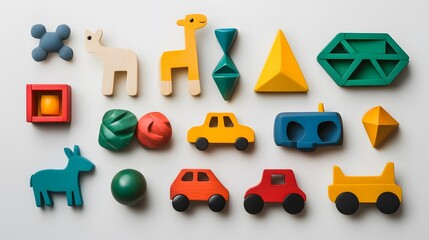 Overhead shot of colorful wooden toy blocks and toy cars arranged on a white surface in a studio setting