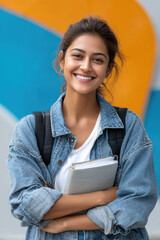 Indian female student holding books standing on colourful background