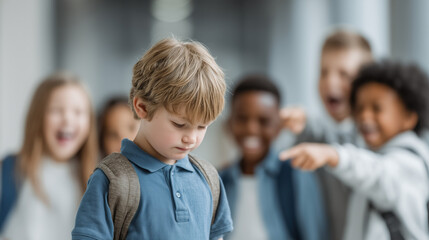Sad Schoolboy Standing Alone While Other Children Laugh and Point – Bullying in School Concept
