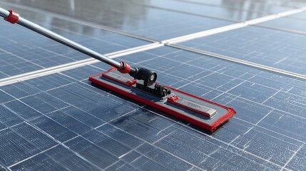 Close up of a solar panel cleaning tool on solar panels during maintenance and cleaning process
