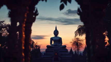 A captivating image of a Buddha statue silhouette framed by ornate temple architecture, with intricate details highlighted in the soft glow of twilight.