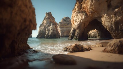 Obraz premium Scenic view of rocky coastal formations with clear water and sandy beach under bright sky