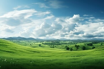 Vibrant green hills and rolling clouds under a bright blue sky in a serene landscape