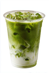 Refreshing Iced Matcha Latte with Milk in a Clear Plastic Cup on White Background