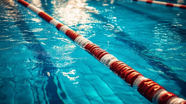 Floating swimming pool lane dividers on turquoise water surface with sunlight reflections and clear instructional chart details, showcasing clean aquatic sports environment, competition concept