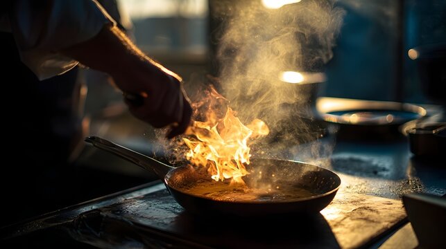 Chef skillfully ignites a pan with flames while cooking in a vibrant kitchen during sunset