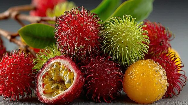 Exotic fruit arrangement showcasing rambutan and passion fruit, vibrant colors and textures