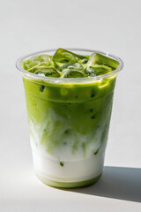Refreshing Iced Matcha Latte with Milk in a Clear Plastic Cup on White Background