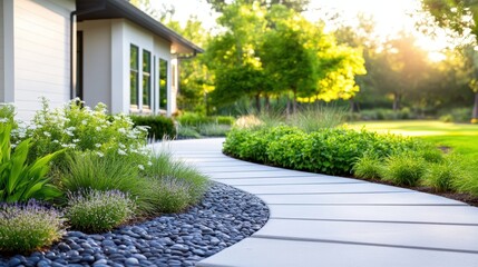 Obraz premium A modern garden pathway winds through lush greenery and decorative rocks beside a stylish house, bathed in warm sunlight during a serene afternoon.