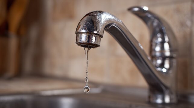 Water�� from a kitchen faucet against a tiled backsplash