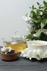 Organic Green Tea with Jasmine Flower and Jasmine Tea with Dried Leaves on tea cup