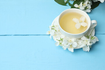 Organic Green Tea with Jasmine Flower and Jasmine Tea with Dried Leaves on tea cup
