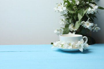 Organic Green Tea with Jasmine Flower and Jasmine Tea with Dried Leaves on tea cup