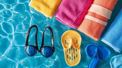 Colorful swimming gear including goggles, caps, flippers, and towels neatly arranged on a sunlit poolside deck with vivid water reflections, representing active lifestyle and aquatic sports preparatio