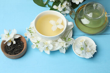 Organic Green Tea with Jasmine Flower and Jasmine Tea with Dried Leaves on tea cup