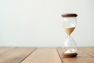 Hourglass as time passing concept for business deadline, urgency and running out of time. Sandglass, egg timer on wooden floor showing the last second or last minute or time out.  With copy space.