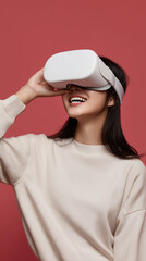 Happy Young Woman Using VR Headset and Experiencing Virtual Reality Against Colorful Background
