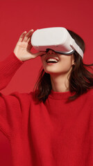 Happy Young Woman Using VR Headset and Experiencing Virtual Reality Against Colorful Background