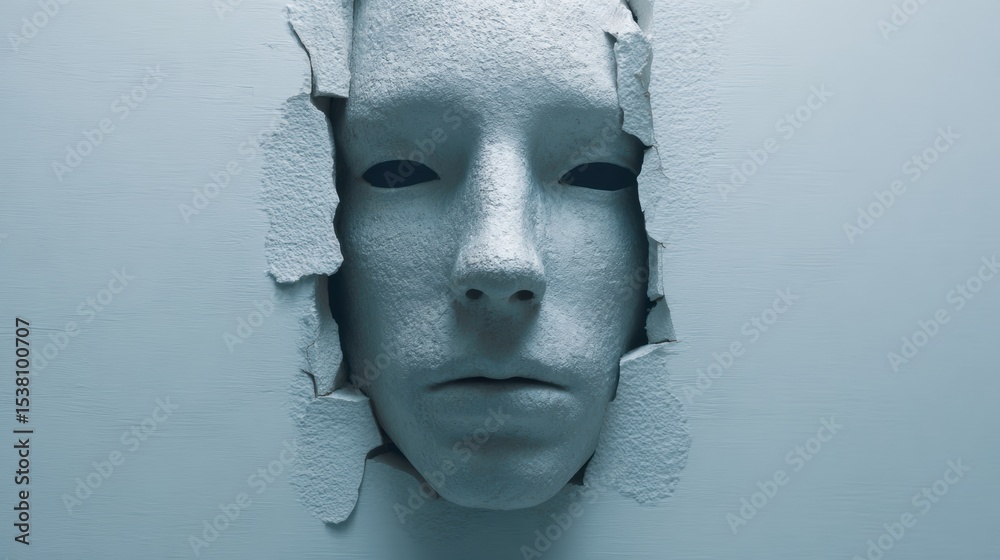 Poster Surreal Mask Fading Into a Neutral Void Creates an Eerie Atmosphere With a Sense of Detachment and Introspection