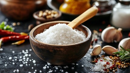 A close-up of a bowl of coarse cooking salt with a wooden spoon, placed on a rustic kitchen counter next to other cooking ingredients.