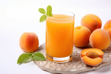Refreshing apricot juice served with fresh apricots on a textured surface