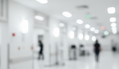 Fototapeta premium Blurred hospital hallway with people walking and bright lights.