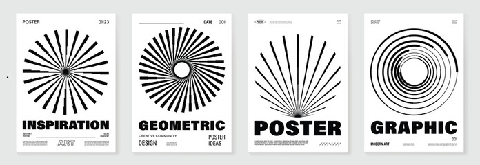 Naklejka na ściany i meble Abstract monochrome poster background vector set. Modern cover template with black and white perspective geometric prism shape, line. Ideal design for social media, banner, ads.