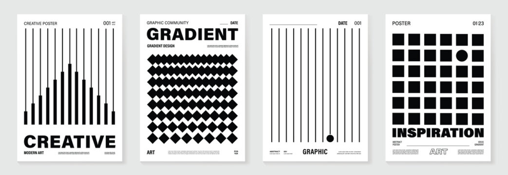 Abstract monochrome poster background vector set. Modern cover template with black and white perspective geometric prism shape, line. Ideal design for social media, banner, ads.