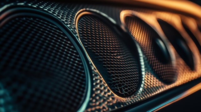 A close-up of a car speaker grille, highlighting its intricate design and high-quality materials, with soft ambient lighting inside the vehicle.