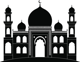 Islamic mosque silhouette vector, majestic dome and minarets, black and white architectural illustration, ornate gateway design, cultural religious landmark, traditional Muslim place of worship