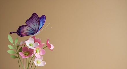Naklejka premium Minimalist Paper Craft of Colorful Butterfly and Flowers on Tan Background