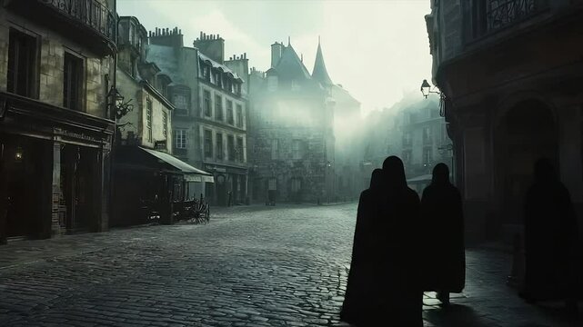 Misty Parisian street scene, cobblestones, cloaked figures