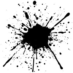 Black Ink Splatter Isolated on White Background, Large black ink splatter with chaotic drips and droplets spreading outward, perfect for grunge designs, overlays, or backgrounds.

