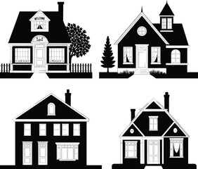 Charming house front illustrations set, black and white vintage home designs, architectural vector collection, cozy cottages, traditional houses, classic windows, residential building exteriors