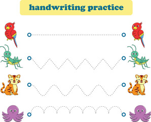 Handwriting Practice. Tracing lines for kids with animals. Vector Illustration