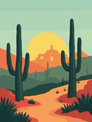 Tucson, Arizona &mdash; Saguaro cacti sunset, Mission San Xavier, Tucson skyline in desert orange, cactus green, terracotta, and sky blue