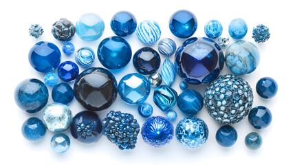 Collection of various shades of blue marbles and decorative spheres on a white surface background