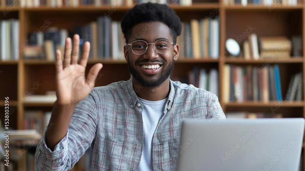 Poster smiling person waves hello while using a laptop in a cozy library setting