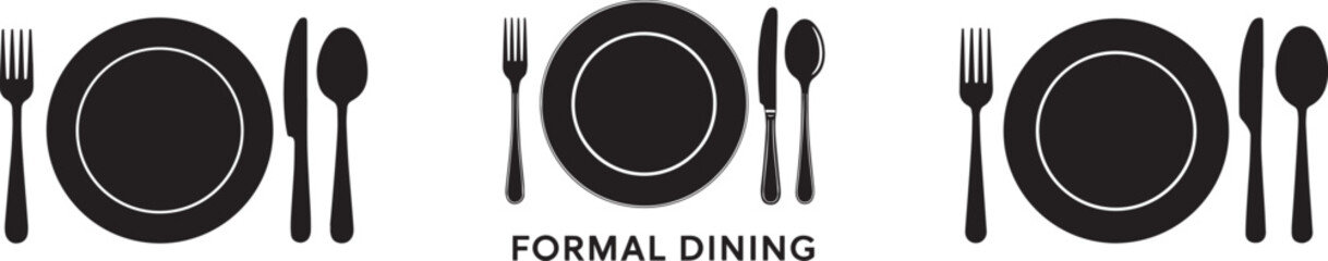 Silhouette of Formal Dining Table Setting Icons with Plate, Fork, Knife, Spoon vector