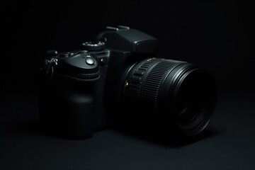 Modern photo camera on black background, closeup. Space for text