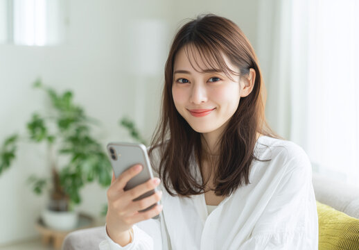 Smiling Woman Sitting at Home Using Smartphone in Bright Natural Light