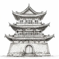 Chinese royal palace sketch illustration. Asian style palace isolated on white background